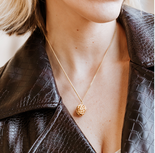 18 Carat Gold Plated Raspberry Necklace, raspberry necklace, gold necklace, fruit necklace, fashion, high fashion, London fashion week, vogue, tattler