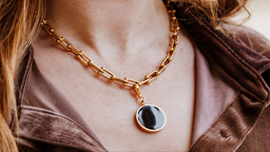 Chunky link chain necklace with detachable black enamel charm for women, black enamel charm, love green jewellery, London fashion week, tattler, vogue