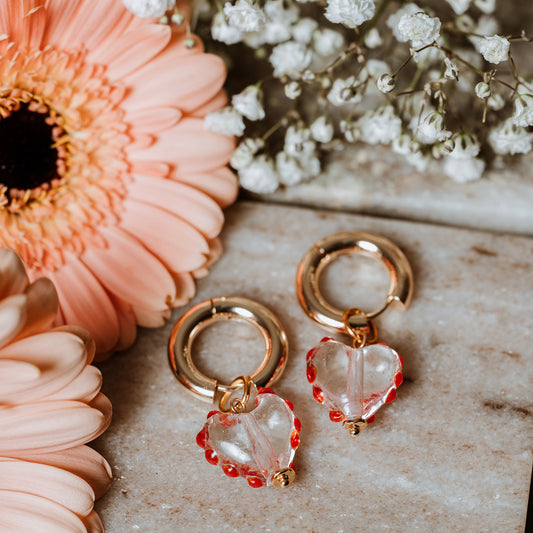 Chunky Gold Hoops with Murano Glass Heart, woman wearing Chunky Gold Hoops with Murano Glass Heart, Murano glass, Murano glass earrings, heart earrings, gold hoops, gold earrings