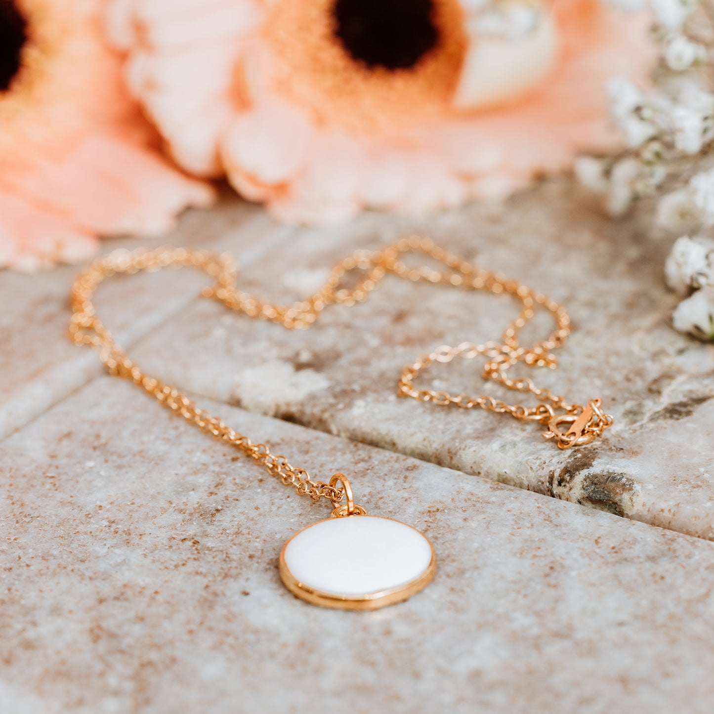 Gold Necklace with White Enamel Coin Charm, gold necklace, white enamel coin charm, white enamel charm, white coin charm, white charm, lady wearing Gold Necklace with White Enamel Coin Charm