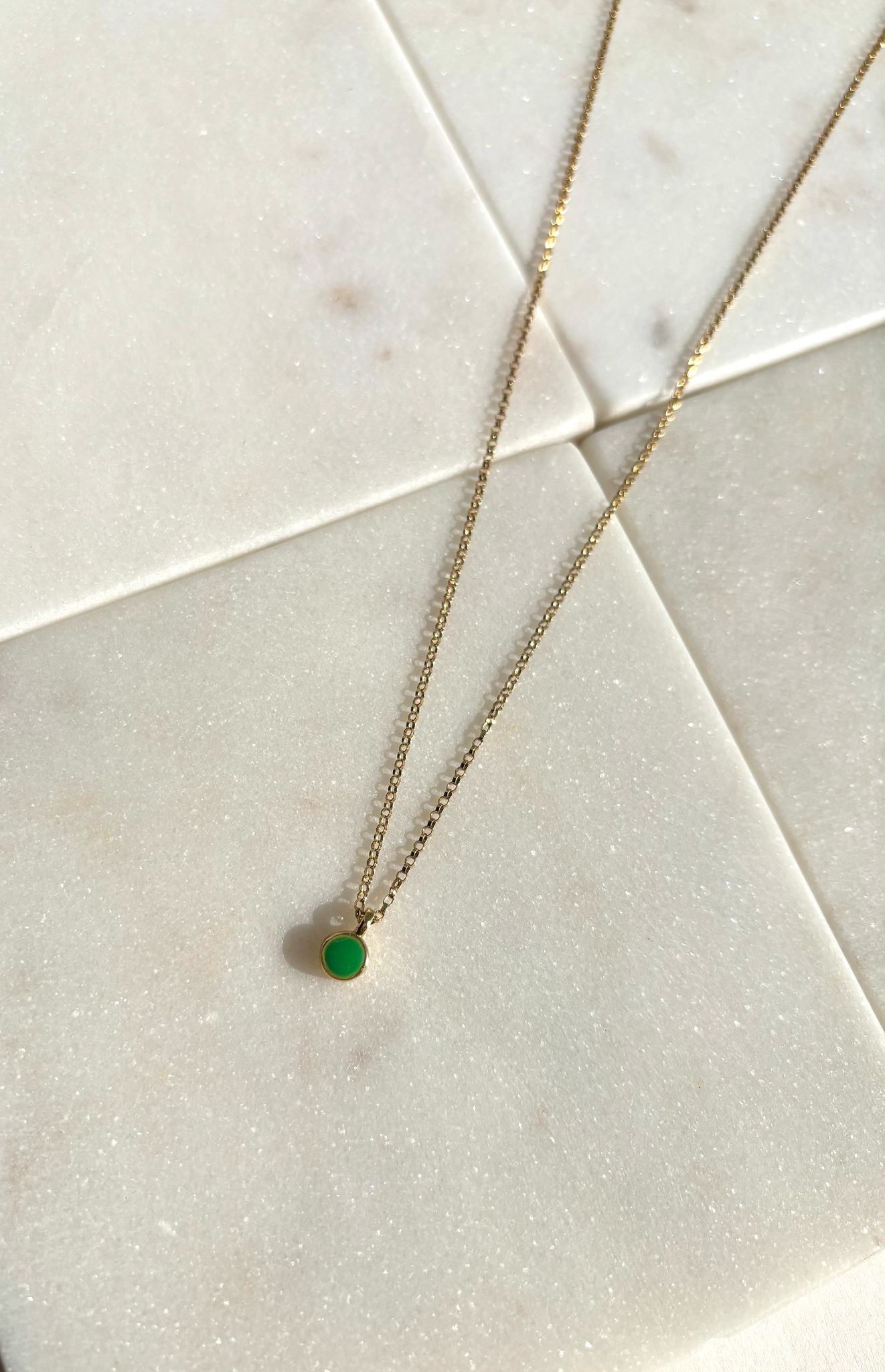 Gold necklace, green charm, green dot necklace, lady wear gold necklace, gold necklace with green dot charm