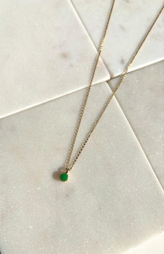Gold necklace, green charm, green dot necklace, lady wear gold necklace, gold necklace with green dot charm