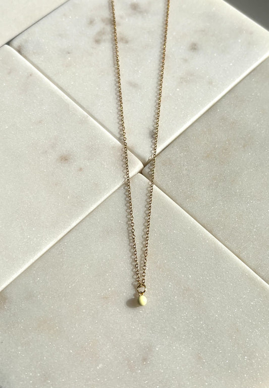 Gold necklace, lemonade yellow charm, yellow dot necklace, lady wear gold necklace, gold necklace with yellow dot charm