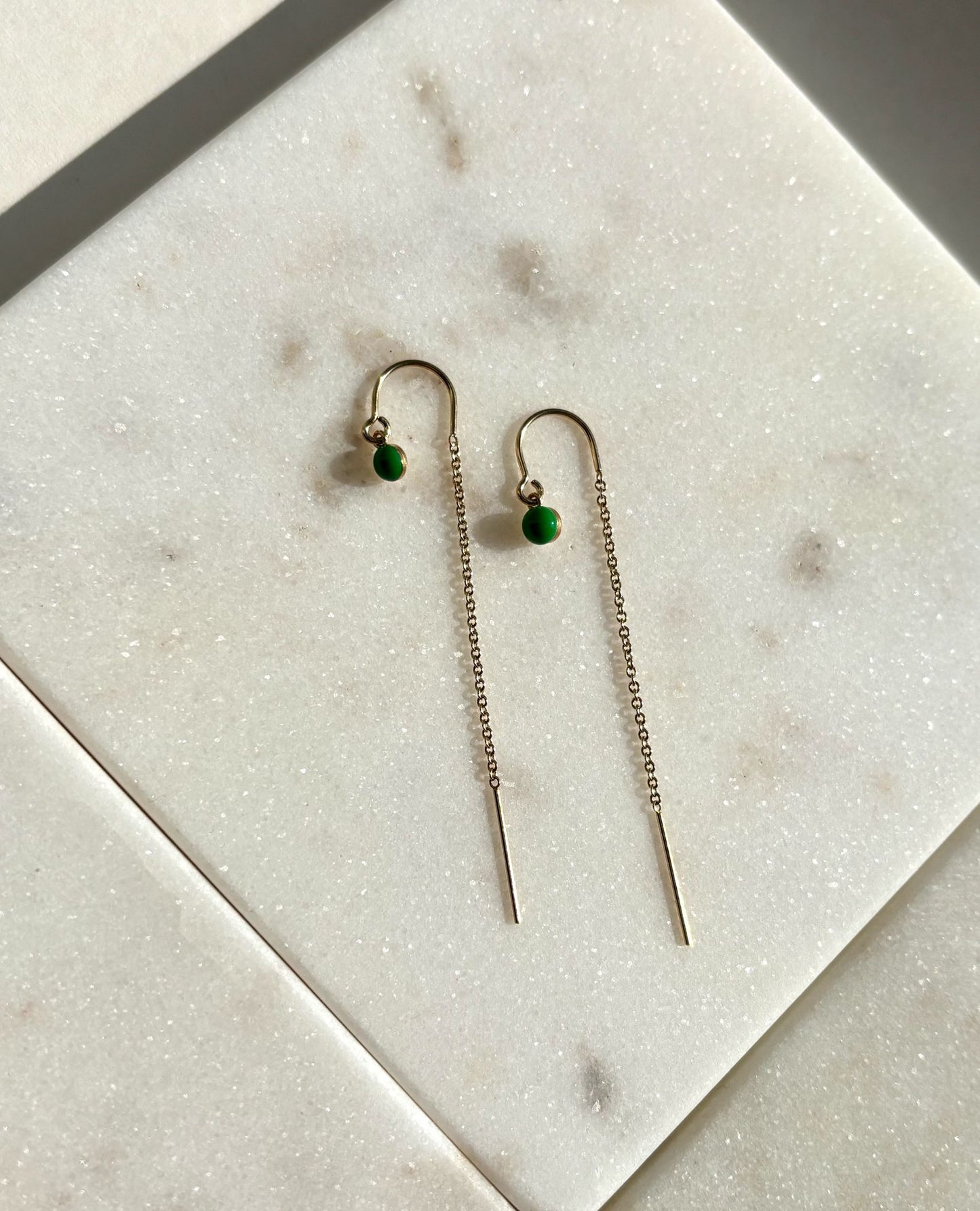 Gold earrings, green and gold earrings, simple jewellery, enamel jewellery, women wearing gold earrings, dangle earrings with green enamel dot