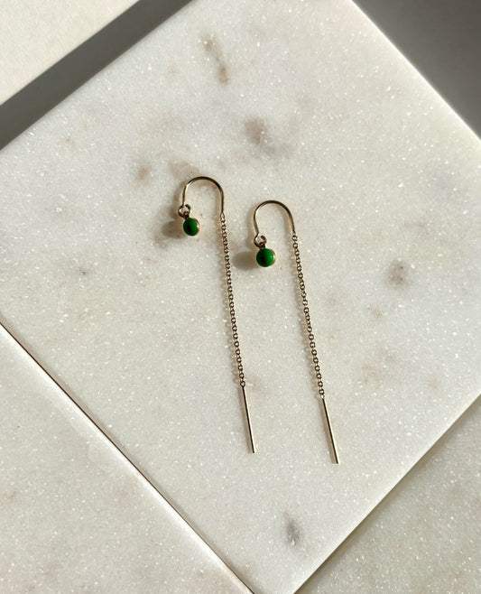 Gold earrings, green and gold earrings, simple jewellery, enamel jewellery, women wearing gold earrings, dangle earrings with green enamel dot