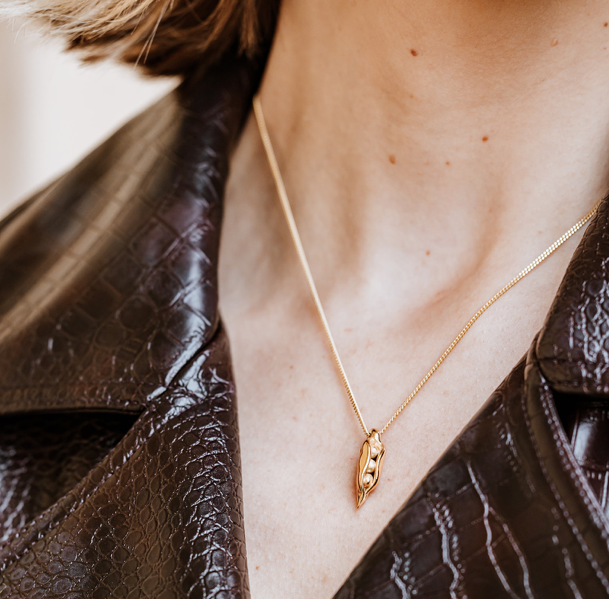 18-Carat Gold Plated Pea Pod Necklace, peas in a pod, friendship necklace, love green jewellery, gold necklace, peapod necklace.