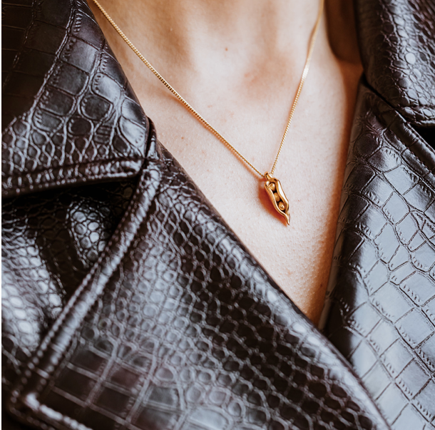 18-Carat Gold Plated Pea Pod Necklace, peas in a pod, friendship necklace, love green jewellery, gold necklace, peapod necklace.