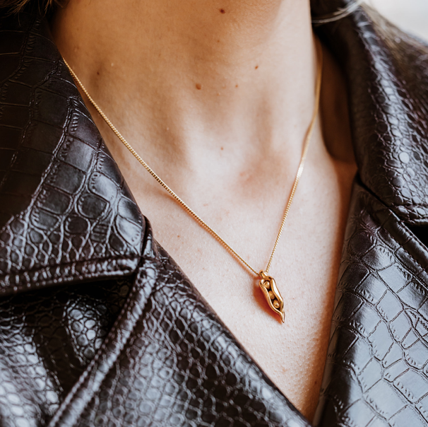 18-Carat Gold Plated Pea Pod Necklace, peas in a pod, friendship necklace, love green jewellery, gold necklace, peapod necklace.