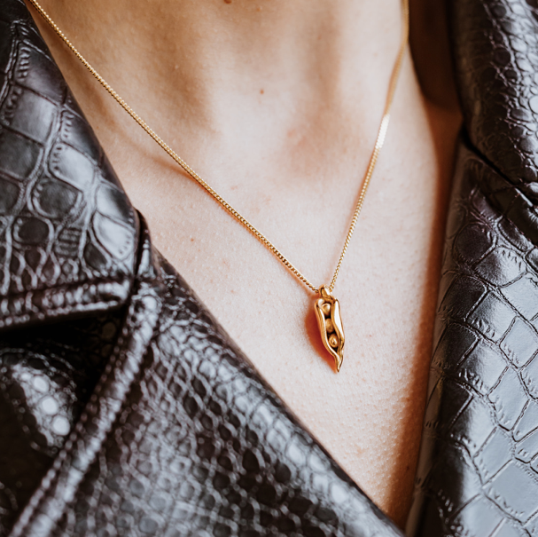 18-Carat Gold Plated Pea Pod Necklace, peas in a pod, friendship necklace, love green jewellery, gold necklace, peapod necklace.