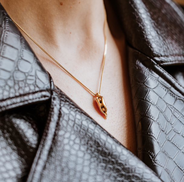 18-Carat Gold Plated Pea Pod Necklace, peas in a pod, friendship necklace, love green jewellery, gold necklace, peapod necklace.