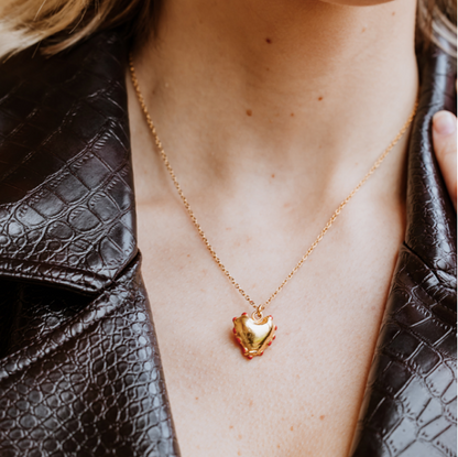 18 Carat Gold Plated Heart Necklace, gold necklace, heart necklace, love, enamelled necklace, red heart, love green jewellery, vogue, tattler, London fashion week.