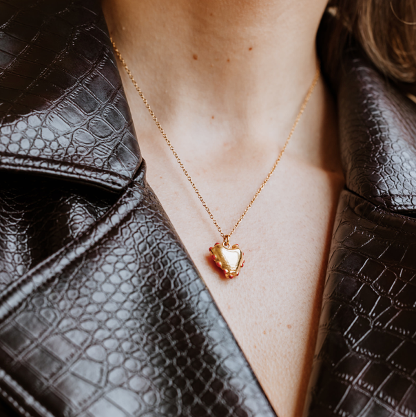 18 Carat Gold Plated Heart Necklace, gold necklace, heart necklace, love, enamelled necklace, red heart, love green jewellery, vogue, tattler, London fashion week.