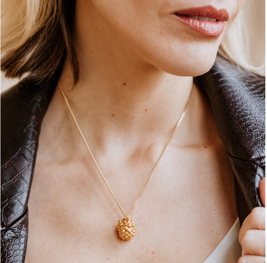 18 Carat Gold Plated Raspberry Necklace, raspberry necklace, gold necklace, fruit necklace, fashion, high fashion, London fashion week, vogue, tattler