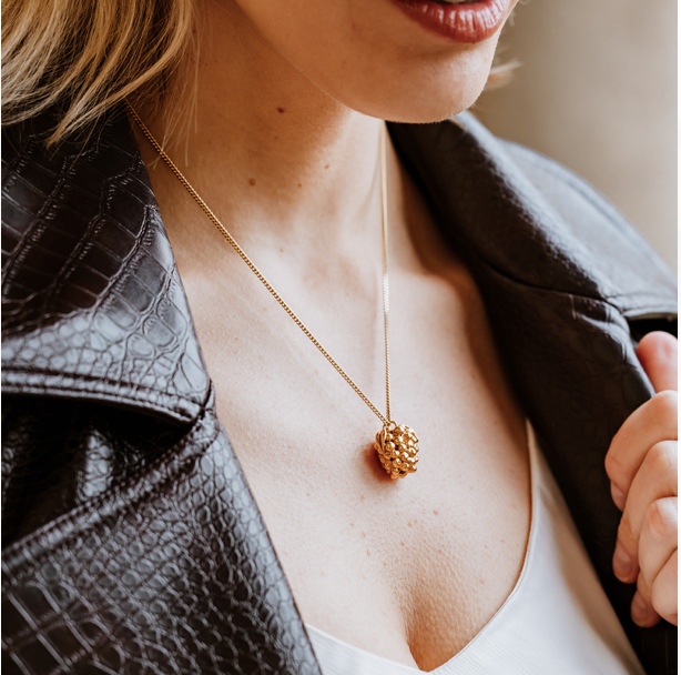 18 Carat Gold Plated Raspberry Necklace, raspberry necklace, gold necklace, fruit necklace, fashion, high fashion, London fashion week, vogue, tattler