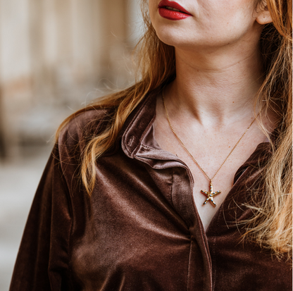 18 Carat Gold Plated Starfish Necklace, starfish necklace, enamel necklace, gold necklace, sea theme jewellery, love green jewellery, vogue, tattler, London fashion week, high end fashion.