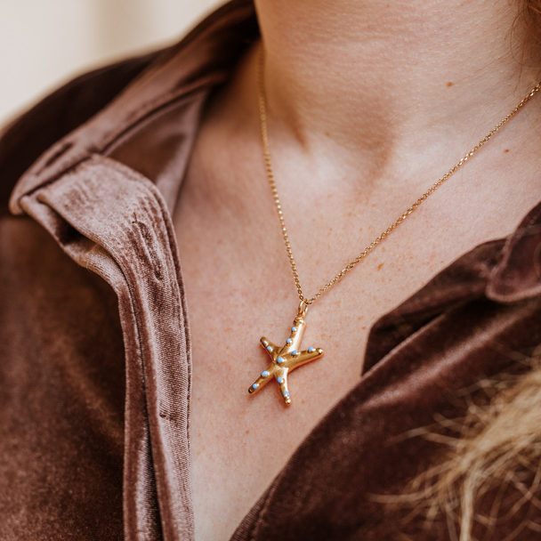 18 Carat Gold Plated Starfish Necklace, starfish necklace, enamel necklace, gold necklace, sea theme jewellery, love green jewellery, vogue, tattler, London fashion week, high end fashion.