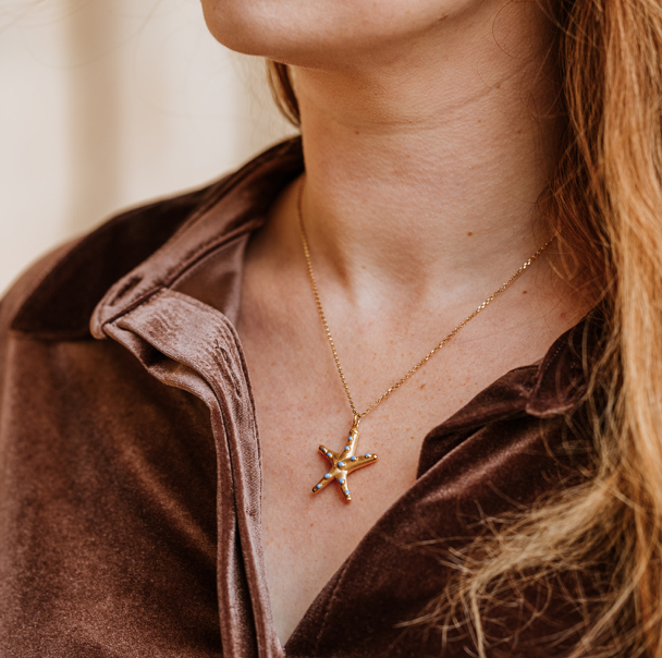 18 Carat Gold Plated Starfish Necklace, starfish necklace, enamel necklace, gold necklace, sea theme jewellery, love green jewellery, vogue, tattler, London fashion week, high end fashion.