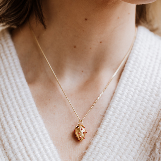 18 Carat Gold Plated Strawberry Necklace, strawberry necklace, gold necklace, enamel necklace, fruit necklace, vogue, tattler, London fashion week, high fashion, love green jewellery