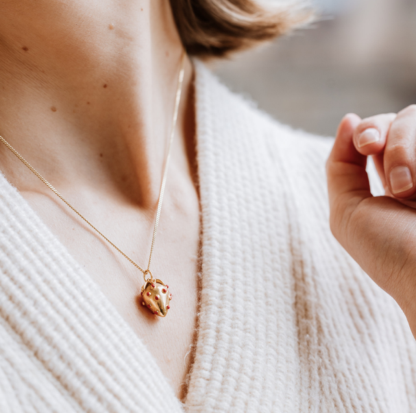 18 Carat Gold Plated Strawberry Necklace, strawberry necklace, gold necklace, enamel necklace, fruit necklace, vogue, tattler, London fashion week, high fashion, love green jewellery