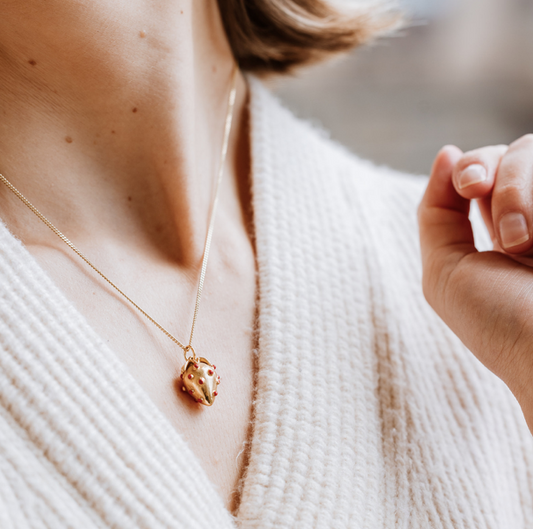 18 Carat Gold Plated Strawberry Necklace, strawberry necklace, gold necklace, enamel necklace, fruit necklace, vogue, tattler, London fashion week, high fashion, love green jewellery
