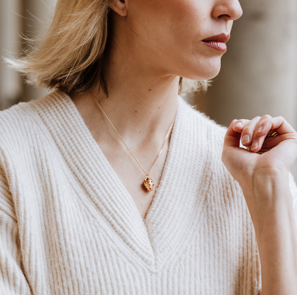 18 Carat Gold Plated Strawberry Necklace, strawberry necklace, gold necklace, enamel necklace, fruit necklace, vogue, tattler, London fashion week, high fashion, love green jewellery