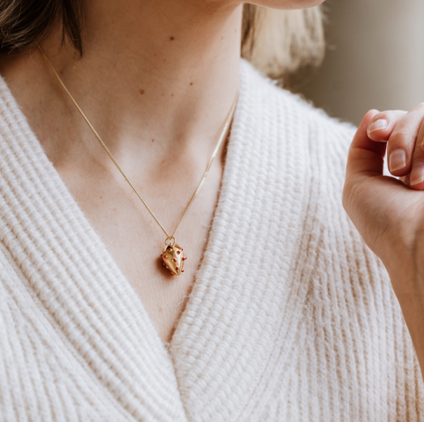 18 Carat Gold Plated Strawberry Necklace, strawberry necklace, gold necklace, enamel necklace, fruit necklace, vogue, tattler, London fashion week, high fashion, love green jewellery