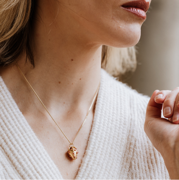 18 Carat Gold Plated Strawberry Necklace, strawberry necklace, gold necklace, enamel necklace, fruit necklace, vogue, tattler, London fashion week, high fashion, love green jewellery
