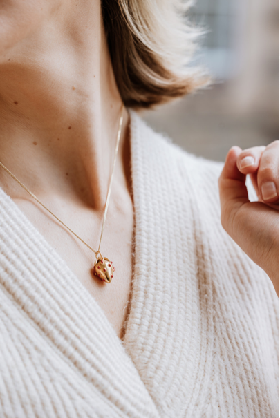18 Carat Gold Plated Strawberry Necklace, strawberry necklace, gold necklace, enamel necklace, fruit necklace, vogue, tattler, London fashion week, high fashion, love green jewellery