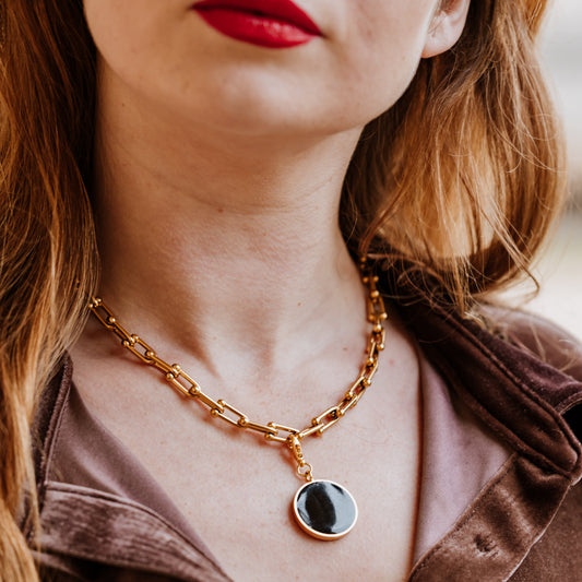 Chunky link chain necklace with detachable black enamel charm for women, black enamel charm, love green jewellery, London fashion week, tattler, vogue