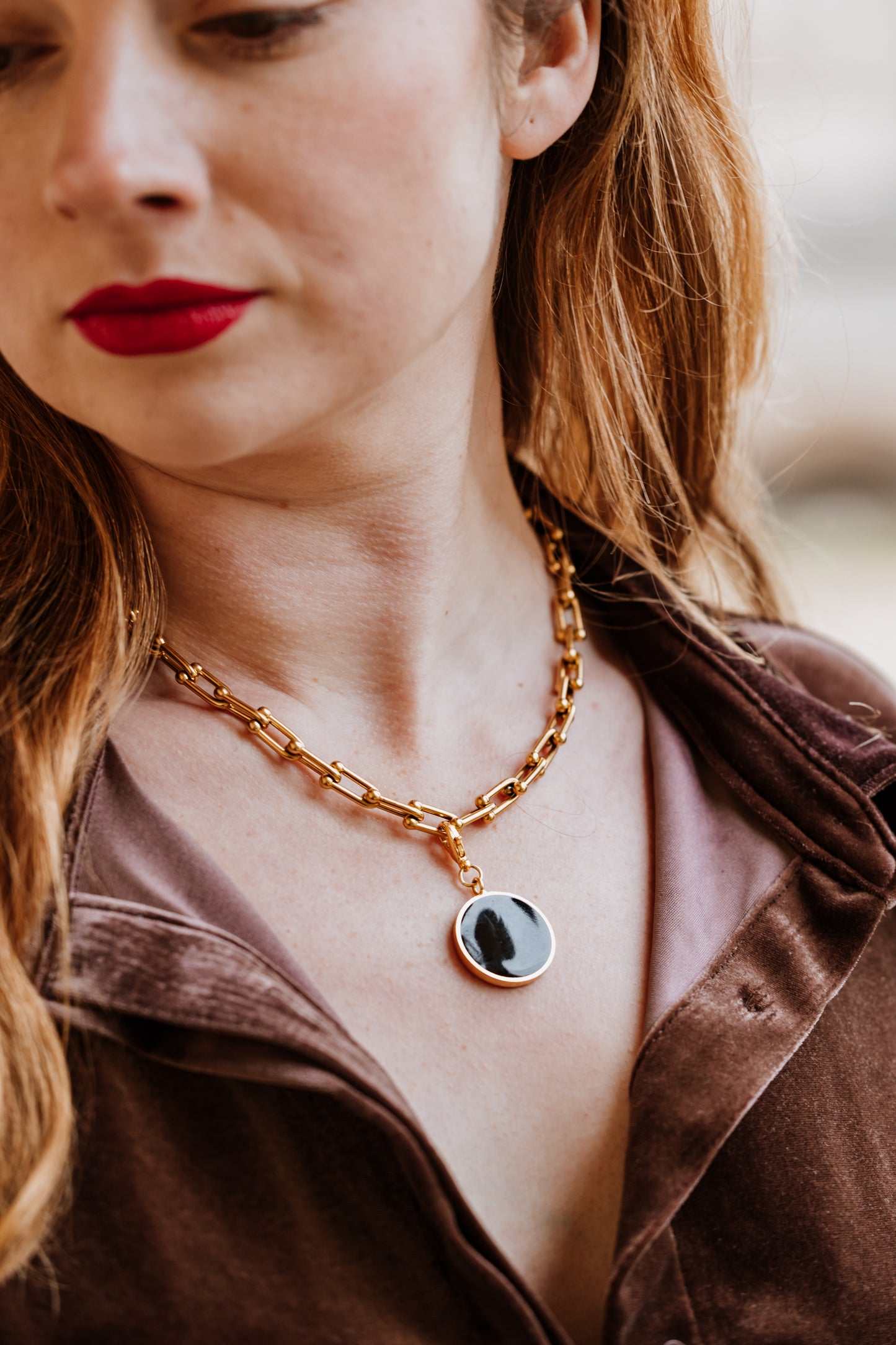 Chunky link chain necklace with detachable black enamel charm for women, black enamel charm, love green jewellery, London fashion week, tattler, vogue