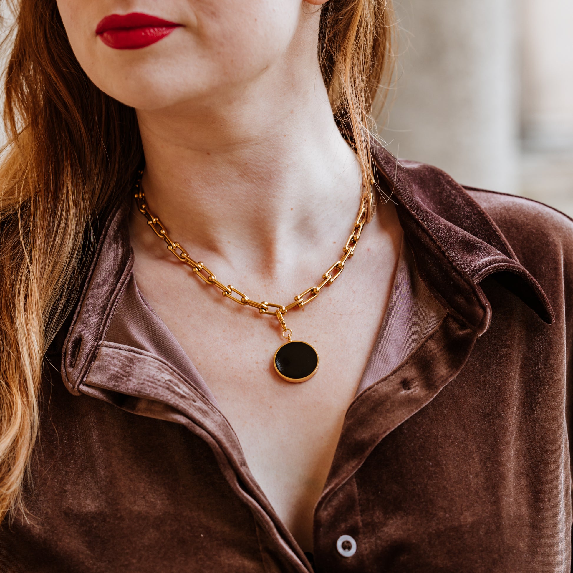 Chunky link chain necklace with detachable black enamel charm for women, black enamel charm, love green jewellery, London fashion week, tattler, vogue