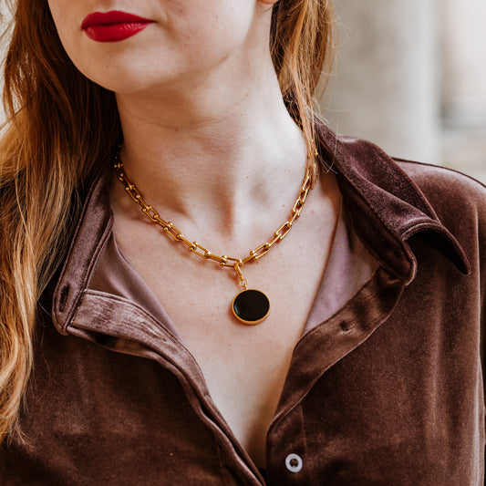 Chunky link chain necklace with detachable black enamel charm for women, black enamel charm, love green jewellery, London fashion week, tattler, vogue