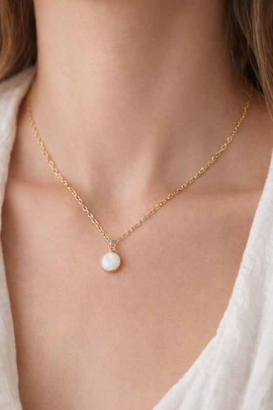 Gold Plated Necklace with Opal Pendant, lady wearing Gold Plated Necklace with Opal Pendant, opal, opal pendant, opal jewellery, gold necklace.