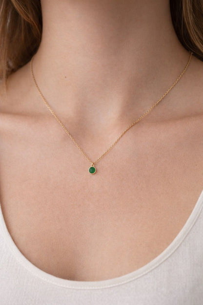 Gold necklace, green charm, green dot necklace, lady wear gold necklace, gold necklace with green dot charm