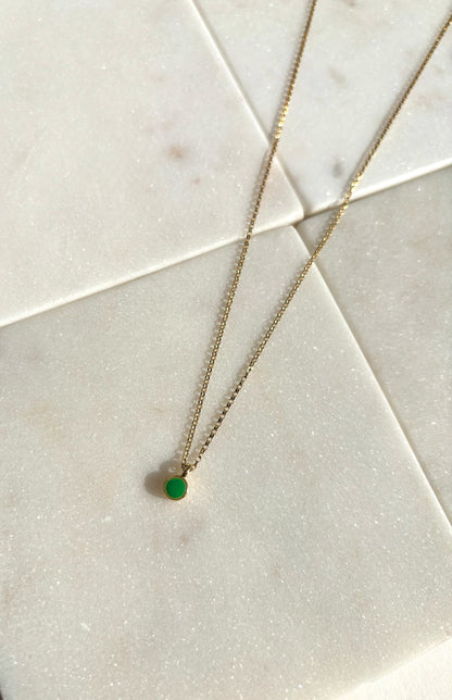 Gold necklace, green charm, green dot necklace, lady wear gold necklace, gold necklace with green dot charm