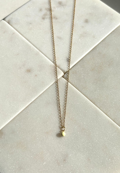 Gold necklace, lemonade yellow charm, yellow dot necklace, lady wear gold necklace, gold necklace with yellow dot charm