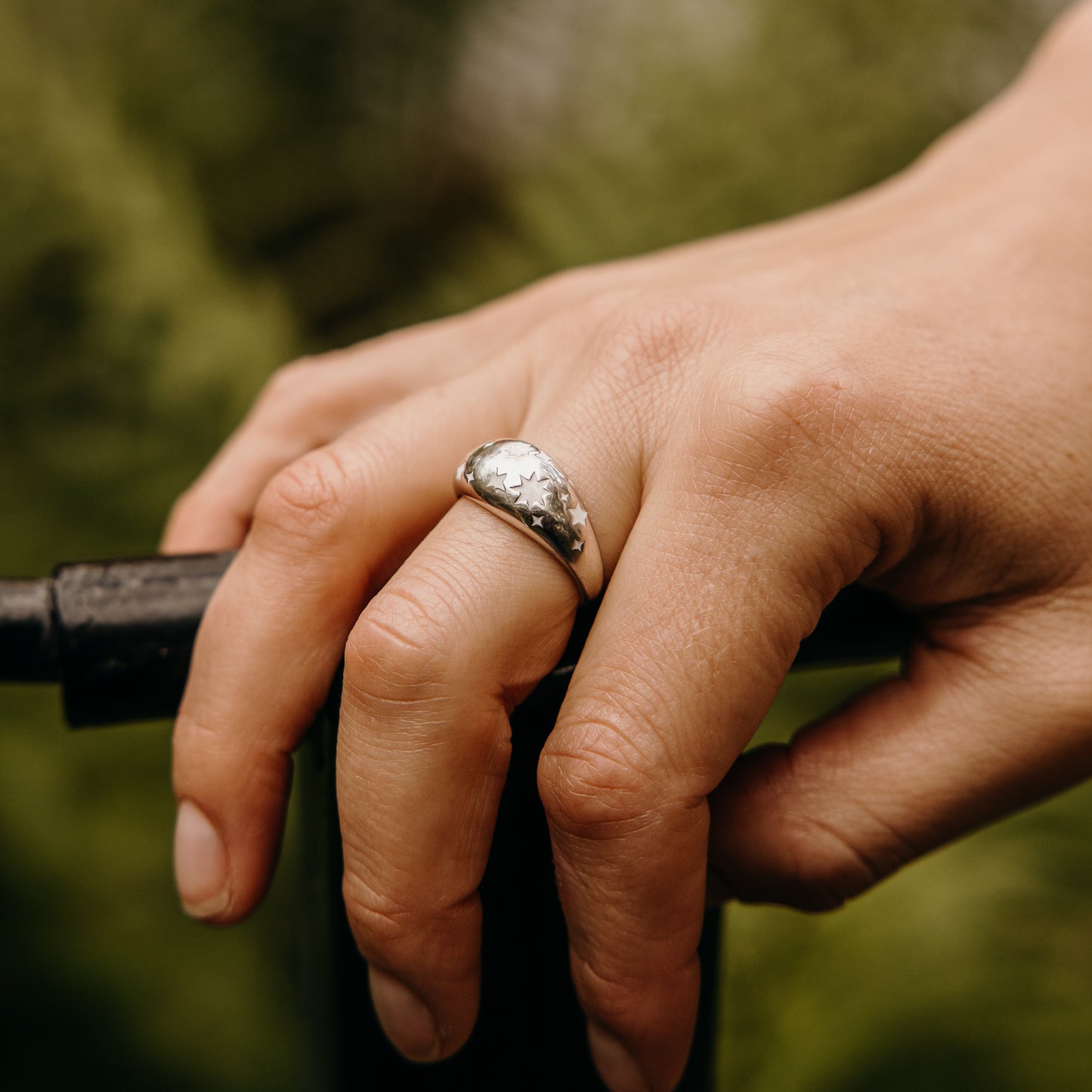 Silver Ring with White Enamel Star Design