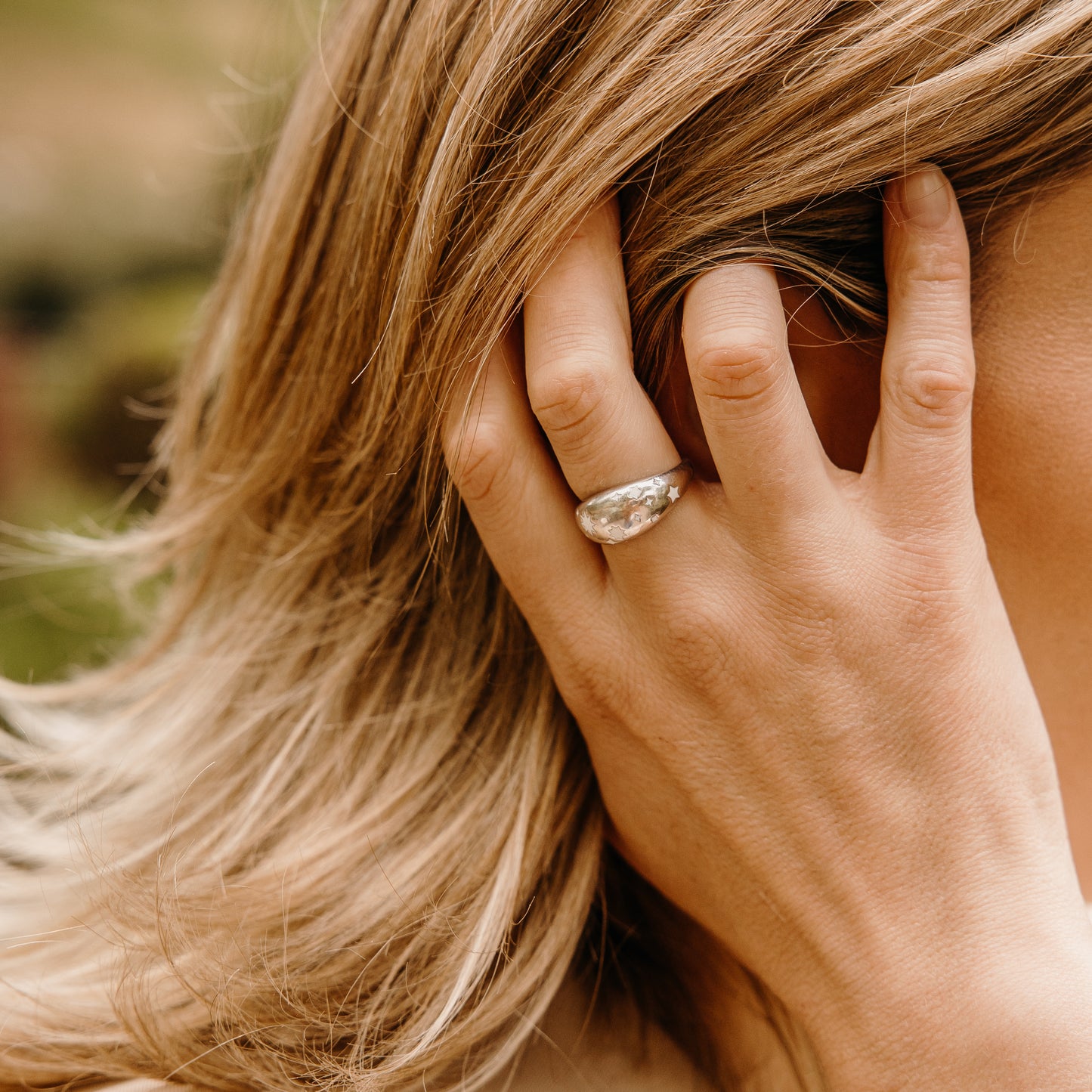 Silver Ring with White Enamel Star Design