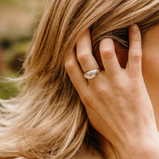 Silver Ring with White Enamel Star Design