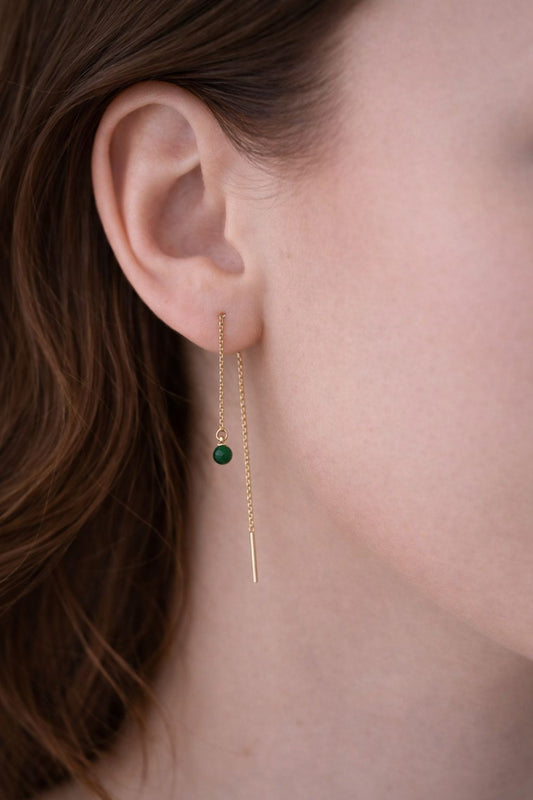 Gold earrings, green and gold earrings, simple jewellery, enamel jewellery, women wearing gold earrings, dangle earrings with green enamel dot