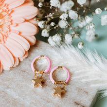 Load image into Gallery viewer, Pink enamel huggies with star

