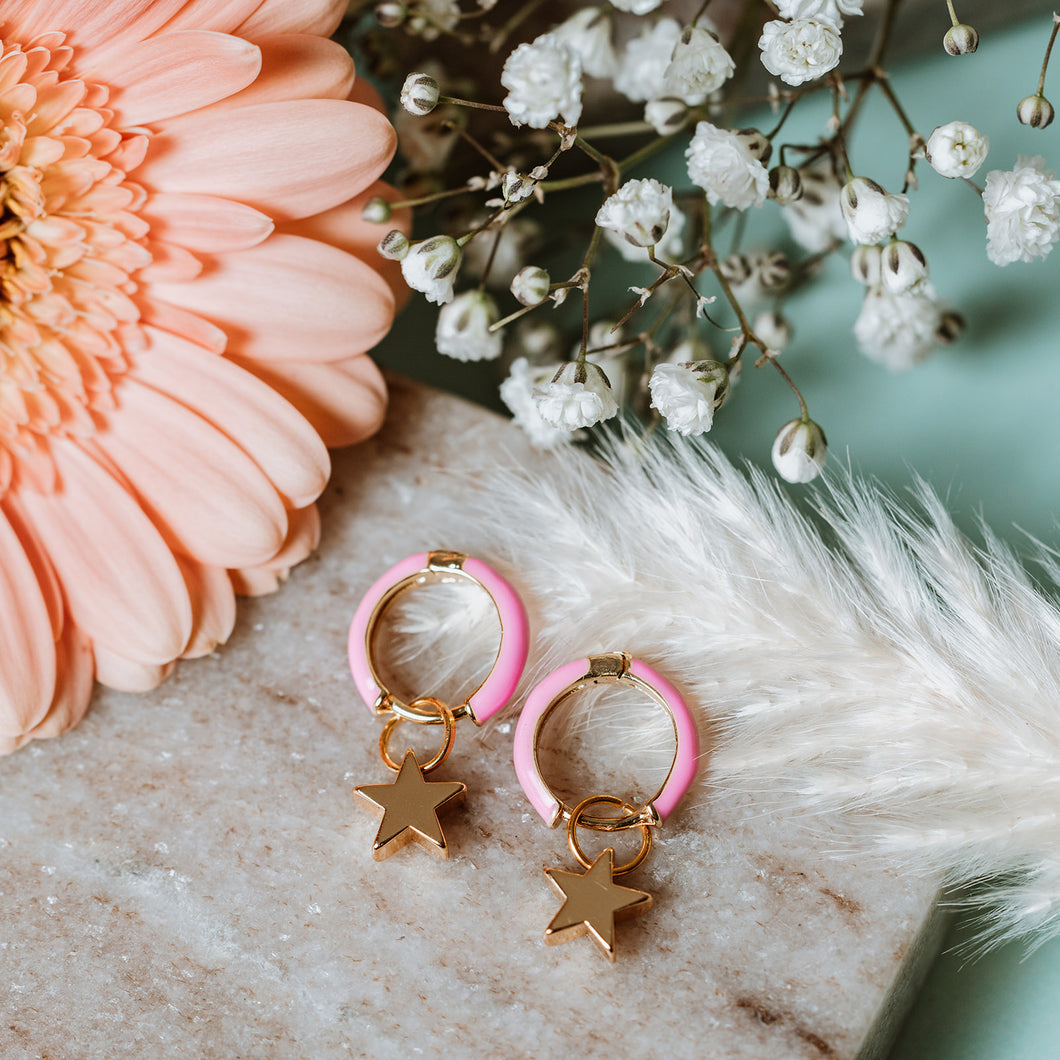 Pink enamel huggies with star