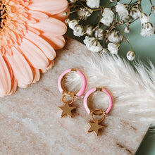 Load image into Gallery viewer, Pink enamel huggies with star
