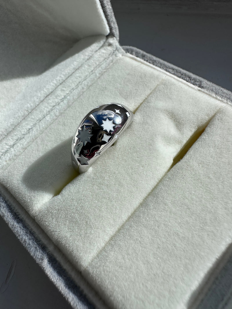 Silver Ring with White Enamel Star Design, woman wearing Silver Ring with White Enamel Star Design, Silver ring, ring, star ring, white star ring, LG Edit