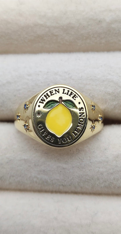 'When Life Gives You Lemons' Signet Ring, signet ring, fine jewellery, vogue, tattler, London fashion week, enamel, sapphire, gold, ring, lemon, gold ring, fruit ring, fruit jewellery, lemon jewellery