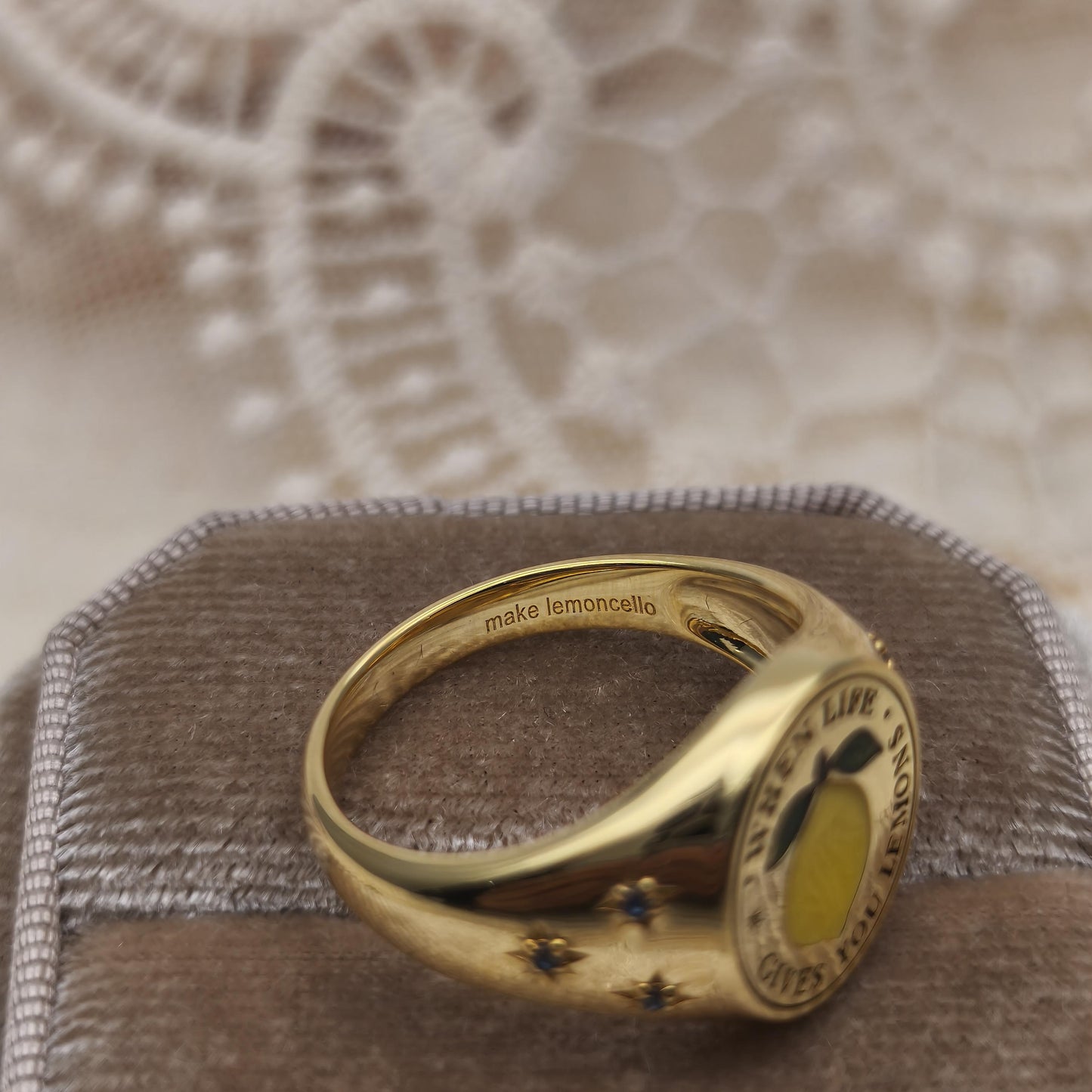 'When Life Gives You Lemons' Signet Ring, signet ring, fine jewellery, vogue, tattler, London fashion week, enamel, sapphire, gold, ring, lemon, gold ring, fruit ring, fruit jewellery, lemon jewellery