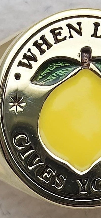 'When Life Gives You Lemons' Signet Ring, signet ring, fine jewellery, vogue, tattler, London fashion week, enamel, sapphire, gold, ring, lemon, gold ring, fruit ring, fruit jewellery, lemon jewellery