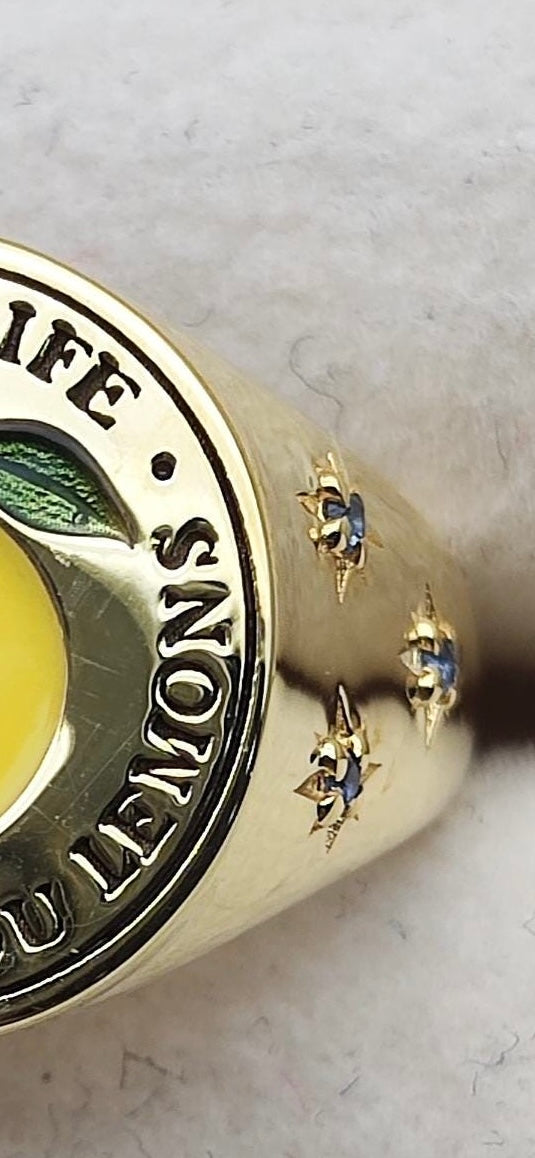 'When Life Gives You Lemons' Signet Ring, signet ring, fine jewellery, vogue, tattler, London fashion week, enamel, sapphire, gold, ring, lemon, gold ring, fruit ring, fruit jewellery, lemon jewellery